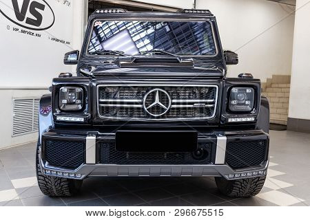Novosibirsk, Russia - 08.01.18: Front View Of Luxury Very Expensive New Black Mercedes-benz G-class 