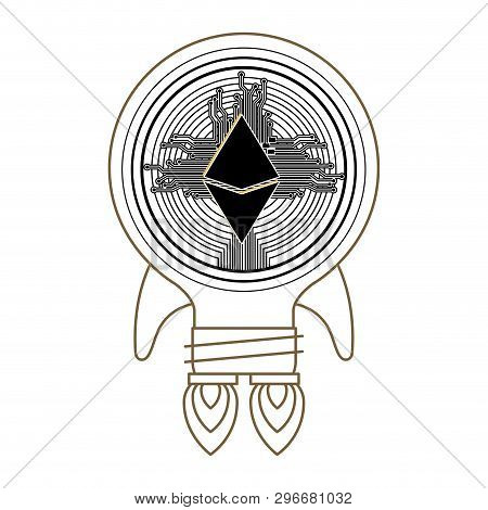 Etherum Coin With Circuit Lines And Rocket Vector Illustration Design