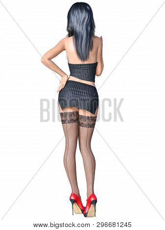 Long-haired Sexy Brunette Secretary Uniform Black Stocking.short Mini Skirt Striped Jacket.beautiful