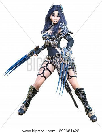 Warrior Amazon Woman Sword And Metal Blade.long Dark Hair.elven Warrior.comic Hero.muscular Athletic