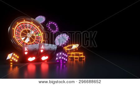 Casino Futuristic Concept Design Roulette Wheel And Poker Cards - 3d Illustration