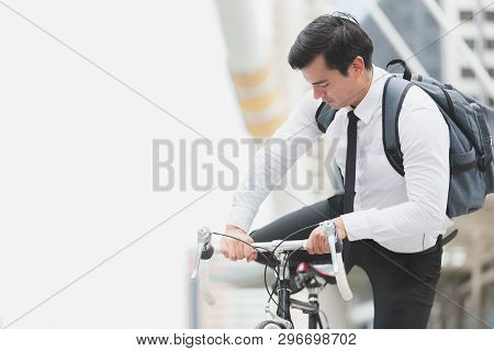 Business Man Worker Riding Bicycles In City,concept Ecology Bike Go To Worker