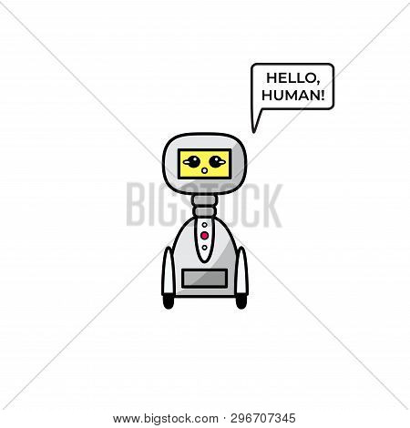 Vector Cartoon Friendly Robot Isolated On White Background. Vector Illustration For Your Graphic Des
