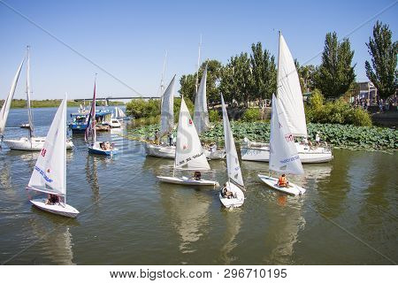 Astrakhan, Russia - August 31 2014: Sailing Boats In The Summer On The Volga River, Astrakhan, Russi