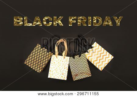 Golden Benner Black Friday With Shopping Bag, Gift Box In Modern Style On Black Background. Sale In 