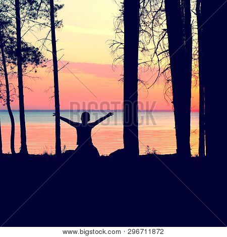 Toned Photo Of Happy Kid Silhouette With Hands Up In The Forest