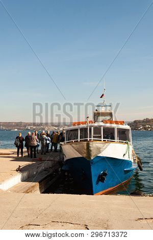 Sebastopol, Russia - November 4, 2018: Group Of Tourists Sit On A Boat For A Sea Tour Of The Bay Of