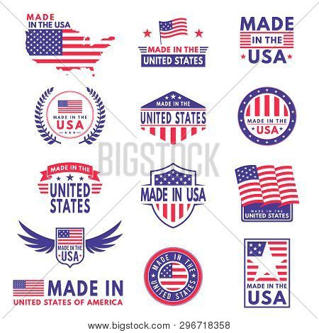 Usa Labels. Flag Made America American States Flags Label Badge Stamp Star Patriot Stripe Ribbon Emb