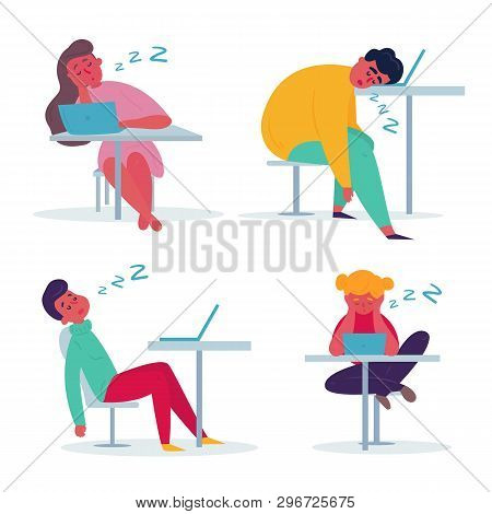 Tired Employee Sleeping In The Office. Woman And Man Are Exhausted On Their Working Place. Flat Vect