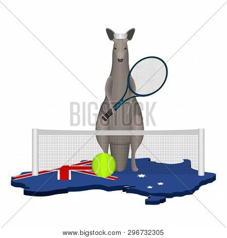 Kangaroo Playing Tennis On A Map Of Autralia. Vector Illustration Design