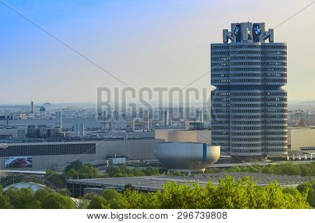 Munich, Germany - April 22, 2018: Bmw Headquarters Office Tower, Manufacturing Plants And Industrial