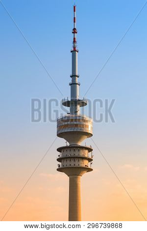 Munich, Germany - April 22, 2018: Olympic Broadcast Tower Or Olympiaturm In The Olympic Park. Close 