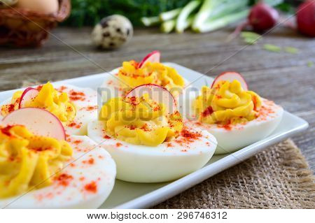 Deviled Eggs. Delicious Appetizer. Boiled Eggs Stuffed With Yolk, Mustard, Mayonnaise, Paprika. Clas