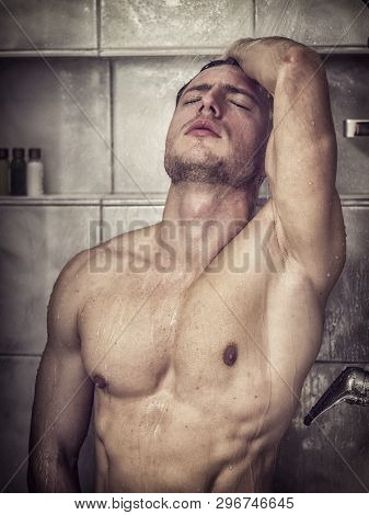 Naked Athletic Handsome Young Man Taking Shower