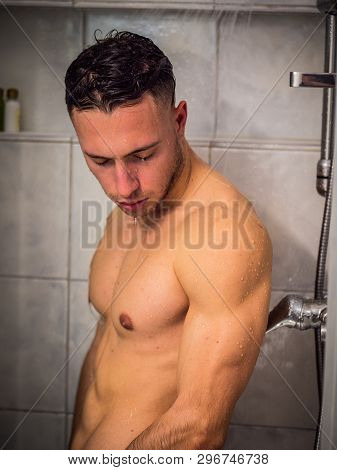 Naked Athletic Handsome Young Man Taking Shower