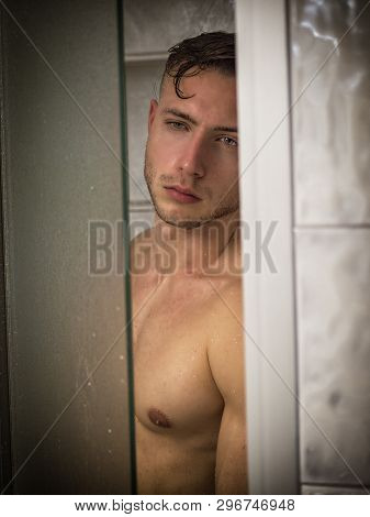Naked Athletic Handsome Young Man Taking Shower
