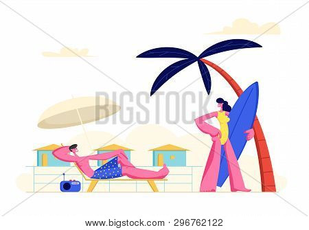 Young Couple Spending Vacation On Beach. Woman Going To Seaside With Surf Board, Man Relaxing On Cha