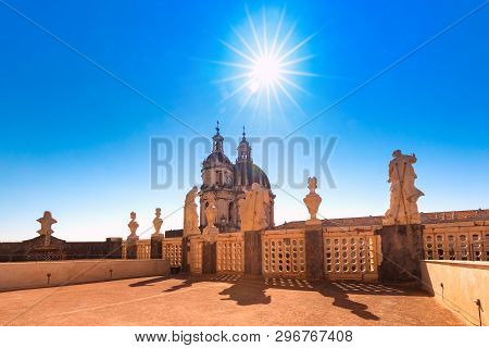 Observation Deck With Statues Of Saints On The Dome Of Church Of The Abbey Of Santagatha And Domes O