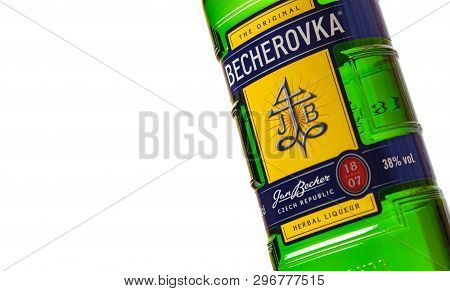 Chisinau, Moldova - April 21, 2019: Product Shot Of Czech Herbal Bitters Becherovka Bottle Isolated 