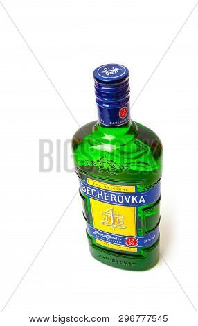 Chisinau, Moldova - April 21, 2019: Product Shot Of Czech Herbal Bitters Becherovka Bottle Isolated 