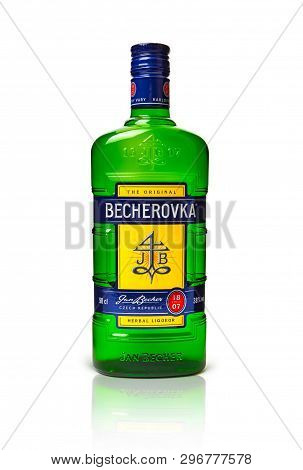 Chisinau, Moldova - April 21, 2019: Product Shot Of Czech Herbal Bitters Becherovka Bottle Isolated 