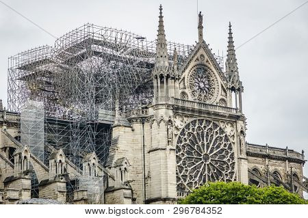 Paris, France - April 16th, 2019: The Cathedral Notre Dame De Paris After The Tragic Fire. The Spire