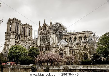 Paris, France - April 16th, 2019: The Cathedral Notre Dame De Paris After The Tragic Fire. The Spire