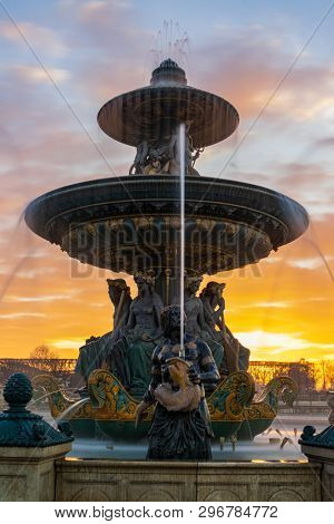 Fontaine Place de la Concorde in Paris France at sunrise