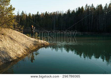 Young Woman Takes Travel Photos -beautiful Turquoise Lake In Latvia - Meditirenian Style Colors In B