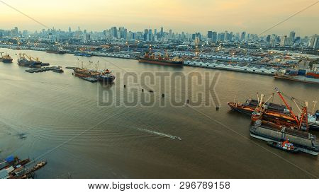 Aerial View Of Shipping Port In Chaopraya River Bangkok Thailand