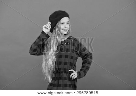 Beret Style Inspiration. How To Wear Beret Like Fashion Girl. Kid Little Cute Girl With Long Hair Po