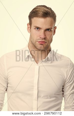 White Collar Worker. Man Well Groomed Unbuttoned White Collar Elegant Shirt Isolated White Backgroun