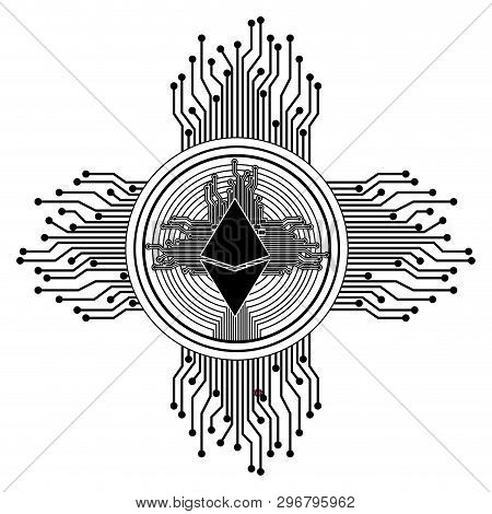 Cryptocurrency Etherum Coin With Circuit Lines Vector Illustration Design