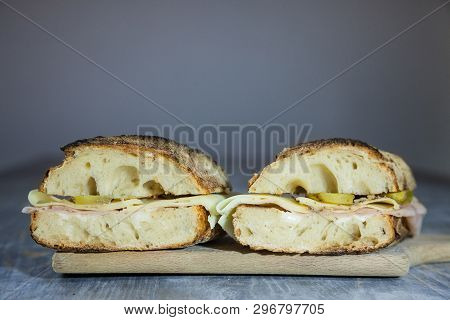 Ham And Cheese Sanwdich In A French Baguette, Made Of Paris Ham And Emmental With Some Sliced Pickle