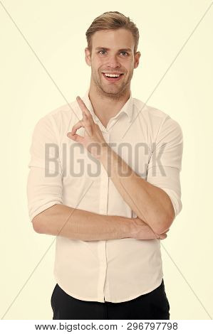 No Problems. Man Smiling Face Posing Confidently Ready To Help White Background. Guy With Bristle Gl