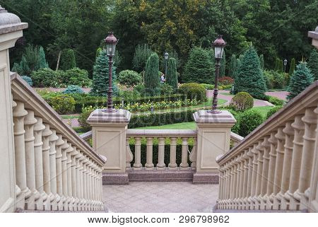 Wide View With Beautiful Classical Staircase With Balustrade In The Park In Summet Time