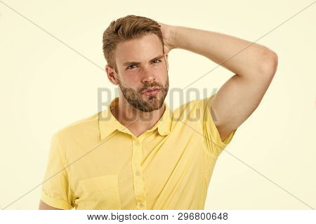 Life Without Dandruff. Healthy Hair. Guy Attractive Enjoy Hairstyle. Man Bearded Strict Face Enjoy F