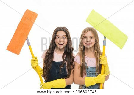 Adorable Clean Freaks. Cute Girls Holding Mops For Cleaning Floor. Small Cleaning Ladies. Little Cle