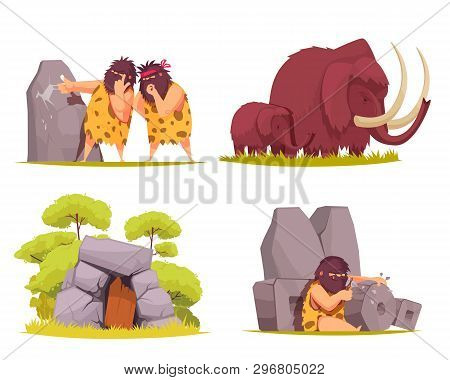 Caveman 2x2 Design Concept Set Of Primitive Men Dressed In Animal Pelt Busy With Everyday Worries Ca