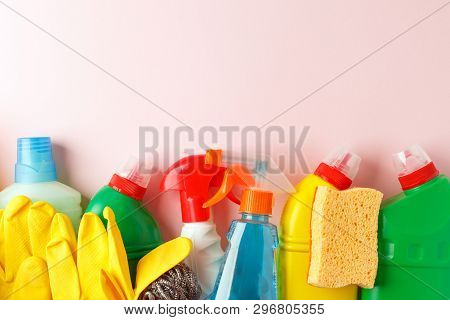 Colorful Cleaning Set For Different Surfaces In Kitchen, Bathroom, Other Rooms. Copy Space For Text 