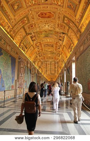 Rome, Italy - September 02, 2017: Visistor Is Visiting Vatican Library With Beautiful Painting Art O