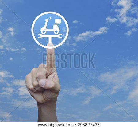 Hand Pressing Service Fix Motorcycle With Wrench Tool Flat Icon Over Blue Sky With White Clouds, Bus