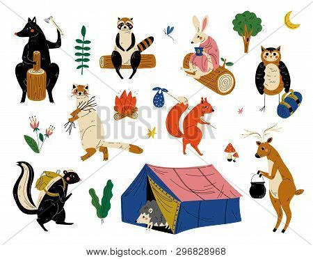 Collection Of Animals Characters Having Hiking Adventure Travel Or Camping Trip Vector Illustration