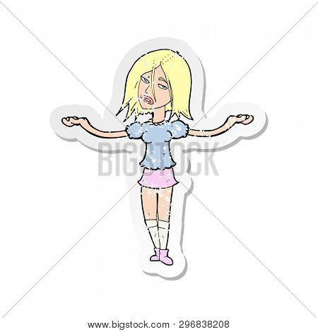 retro distressed sticker of a cartoon woman shrugging shoulders
