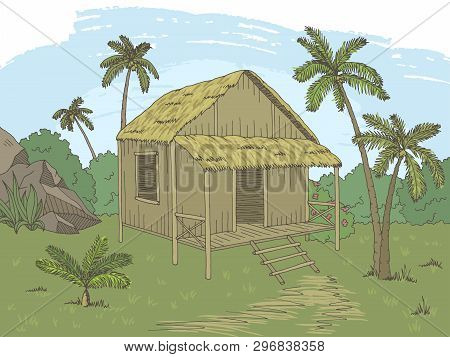 Jungle Hut House Graphic Color Landscape Sketch Illustration Vector