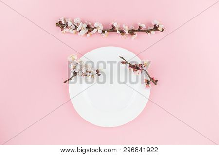 White Plate On Pink Background With Spring Blooms. Festive Background For Your Text. Flat Lay Style.