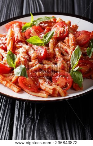 Vegetarian Pasta Casarecce With Tomato Sauce, Parmesan Cheese And Basil Closeup On A Plate. Vertical