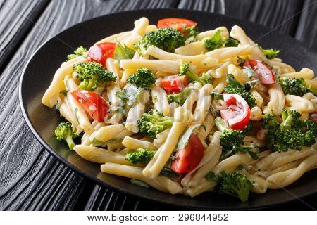 Pasta Casarecce Recipe With Vegetables, Herbs, Seasoned With Creamy Cheese Sauce Close-up On A Plate