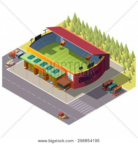 Soccer Stadium Open Roof Building With Emergency Services Vehicles And Fans Buses On Parking Isometr