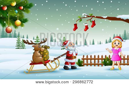 Cartoon Funny Santa Claus Pulling Reindeer On A Sleigh With Sack Of Gifts And The Girl